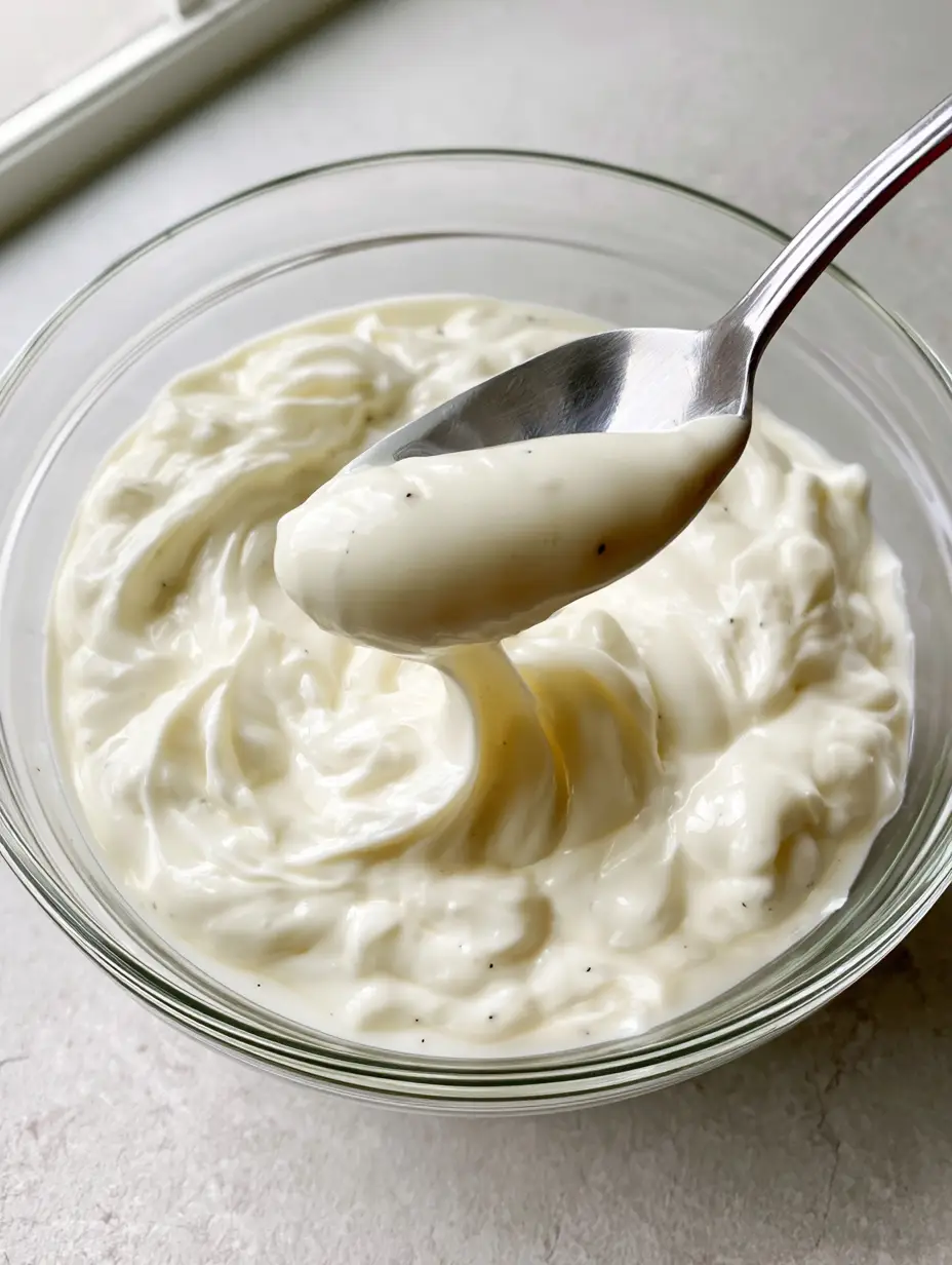 Powdered Sugar Frosting: The Ultimate 5-Minute Glossy Vanilla Glaze 4 Top-down view of Powdered Sugar Frosting in a clear glass bowl with vanilla bean specks on a grey stone countertop.