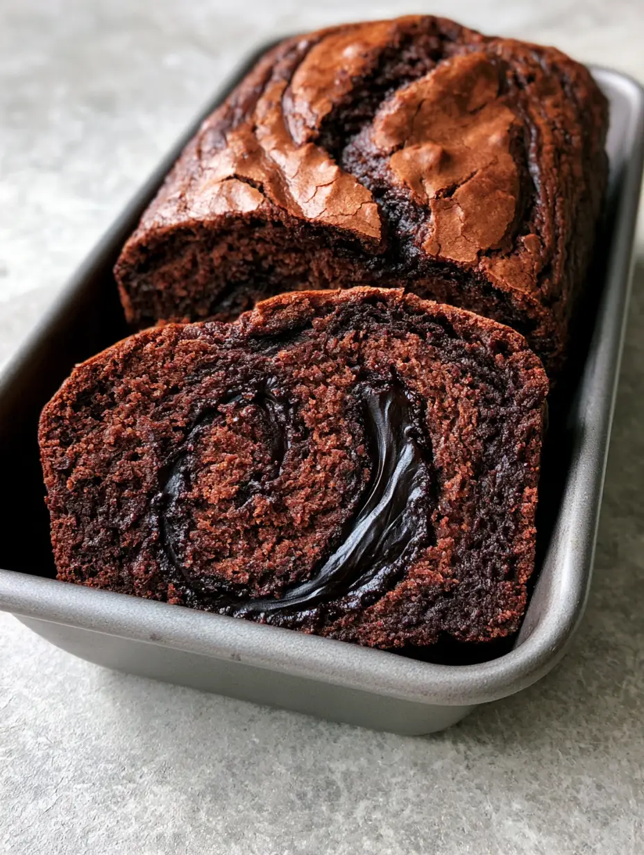 Hot Fudge Brownie Bread: The Ultimate Gooey Chocolate Loaf 3 A thick, dense loaf of dark chocolate Hot Fudge Brownie Bread in a metal pan on a gray surface.