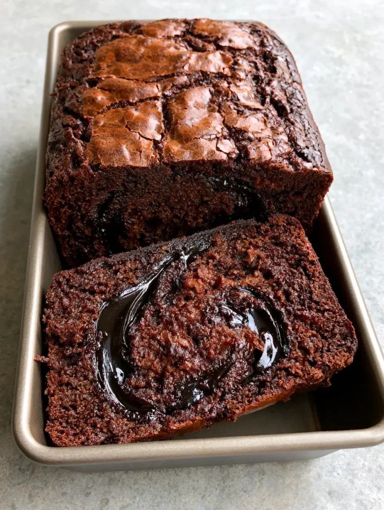 Hot Fudge Brownie Bread: The Ultimate Gooey Chocolate Loaf 1 Cross-section of Hot Fudge Brownie Bread revealing thick, glossy black ribbons of hot fudge swirled throughout.