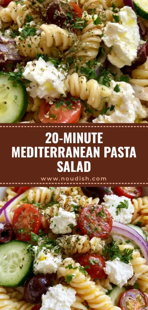 A tall Pinterest pin showing a white bowl of Mediterranean Pasta Salad with rotini, tomatoes, cucumbers, and feta. (Mediterranean Pasta Salad)