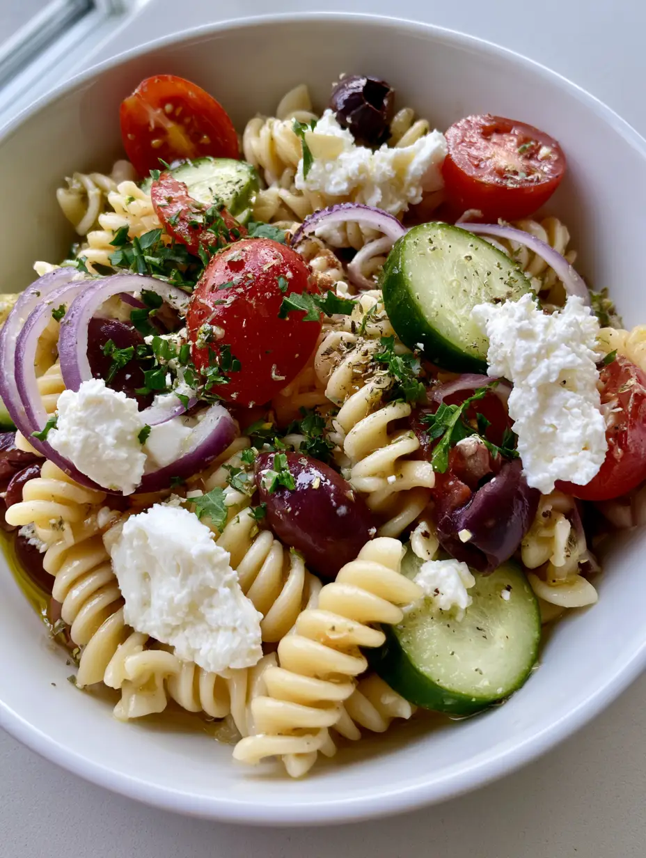 Close up handheld photo of Mediterranean Pasta Salad in a white ceramic bowl showing translucent lemon dressing. (Mediterranean Pasta Salad)