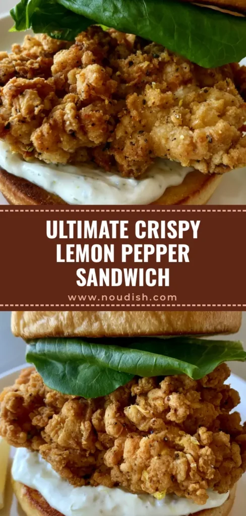 A close-up of a Crispy Lemon Pepper Chicken Sandwich on a white plate with visible lemon zest and pepper in the breading.