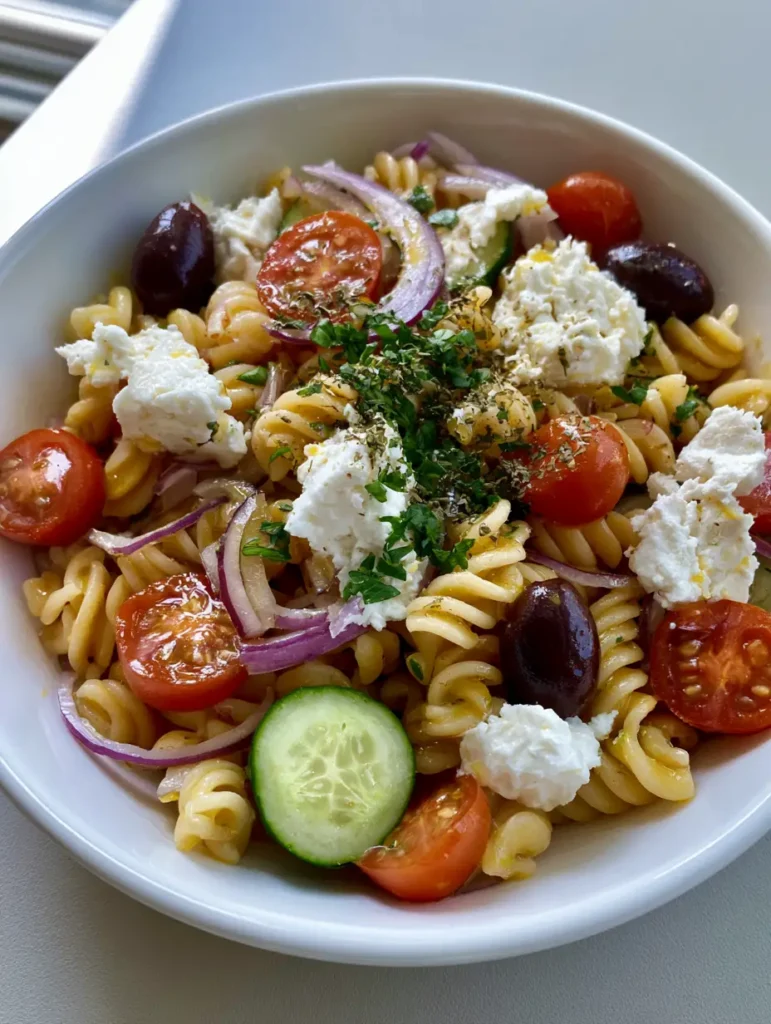 A white ceramic bowl filled with rotini pasta salad featuring kalamata olives, feta crumbles, and red onion.