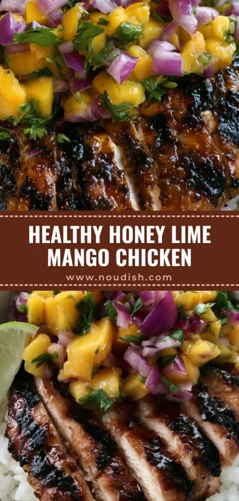 Honey Lime Chicken with Mango Salsa: The Ultimate 20-Minute Healthy Dinner 3 A overhead view of Honey Lime Chicken with Mango Salsa in a white bowl, showing glossy glazed chicken and bright fruit salsa. (Honey Lime Chicken with Mango Salsa)