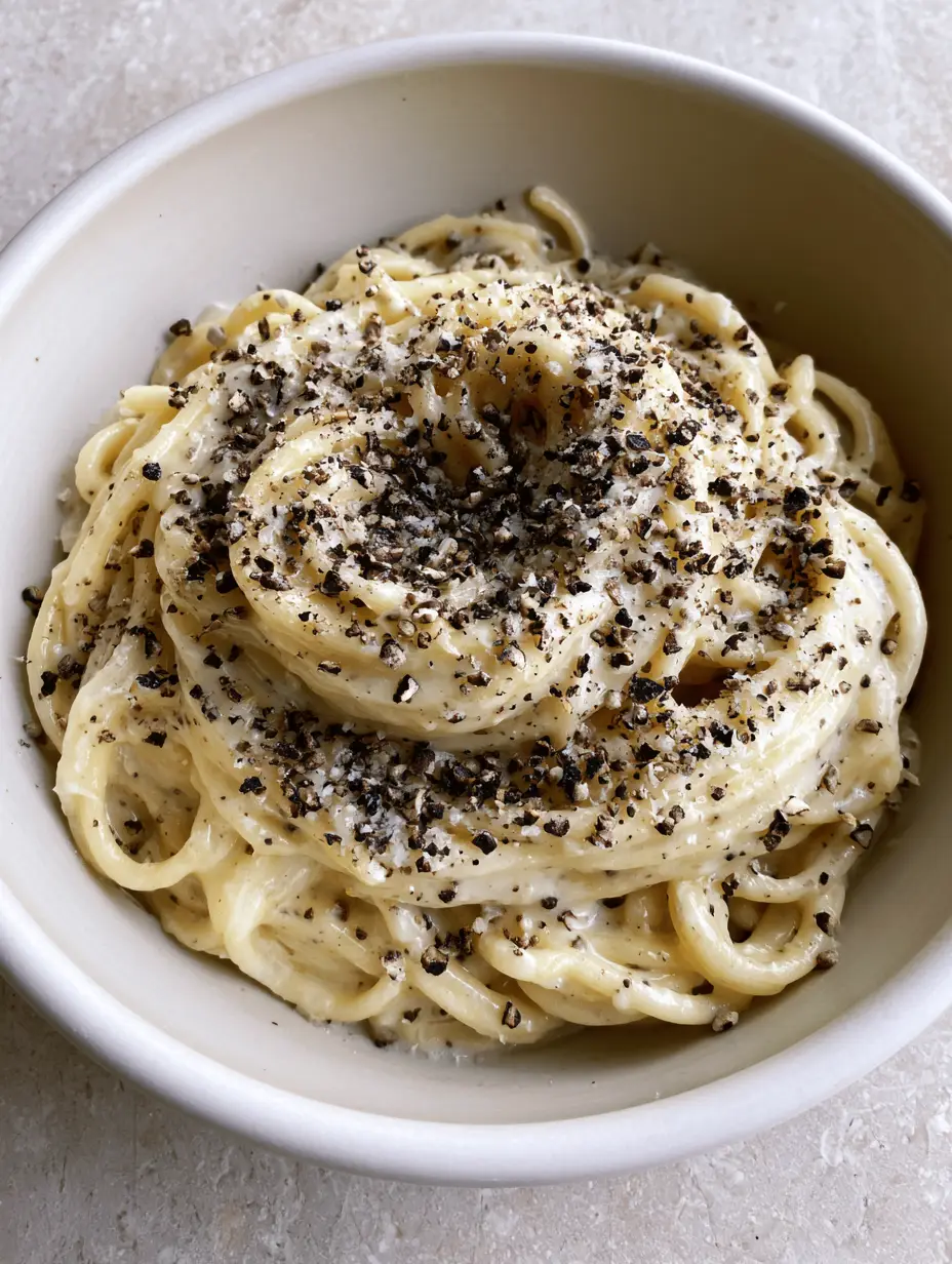 Cacio e Pepe Recipe: The Ultimate Guide to Creamy Roman Pasta 3 High-angle shot of classic Cacio e Pepe in a matte-white bowl with thick ivory sauce and cracked pepper kernels. (Cacio e Pepe Recipe)