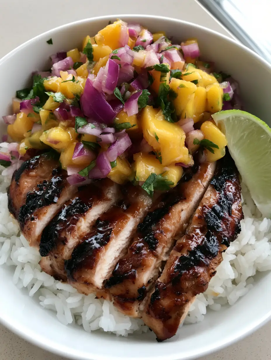 Honey Lime Chicken with Mango Salsa: The Ultimate 20-Minute Healthy Dinner 4 A close-up handheld photo of Honey Lime Chicken with Mango Salsa over fluffy jasmine rice in a white bowl. (Honey Lime Chicken with Mango Salsa)