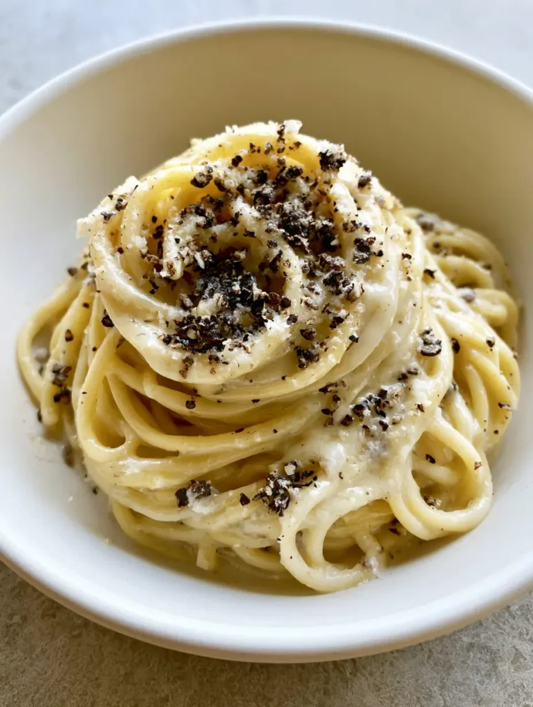 Cacio e Pepe Recipe: The Ultimate Guide to Creamy Roman Pasta 1 Close up of al dente spaghetti noodles thoroughly coated in a thick, glossy cheese sauce with heavy black pepper garnish.