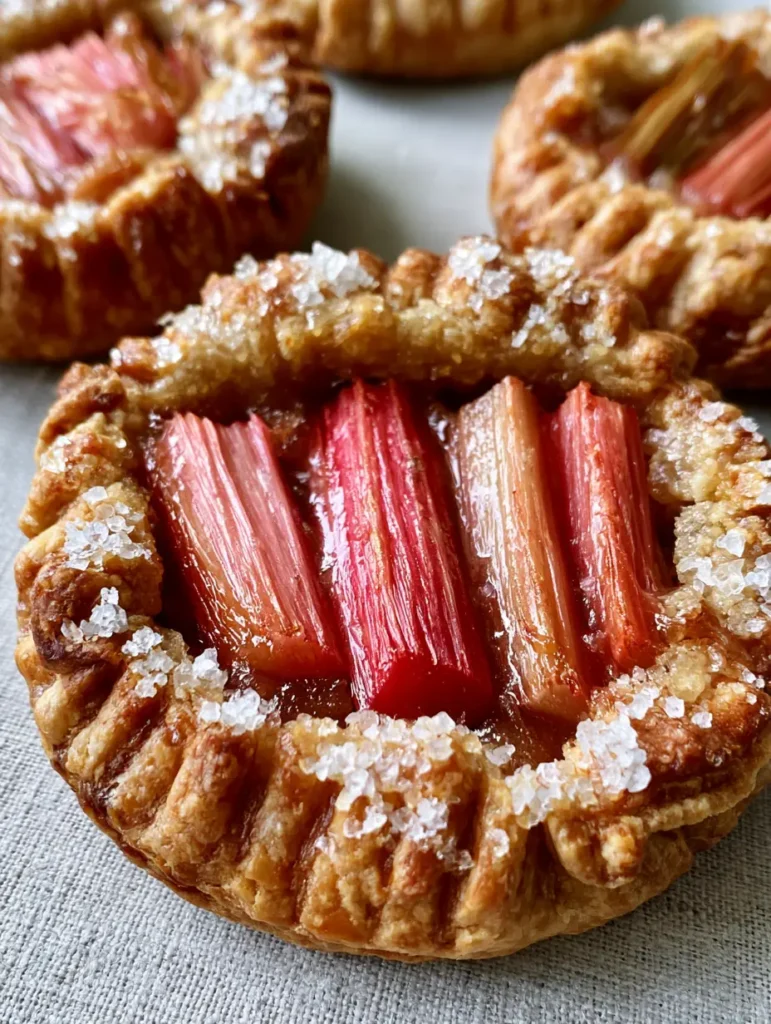 Handheld smartphone photo of mini rhubarb galettes on a linen surface, showing the glistening fruit glaze. (rhubarb galettes)