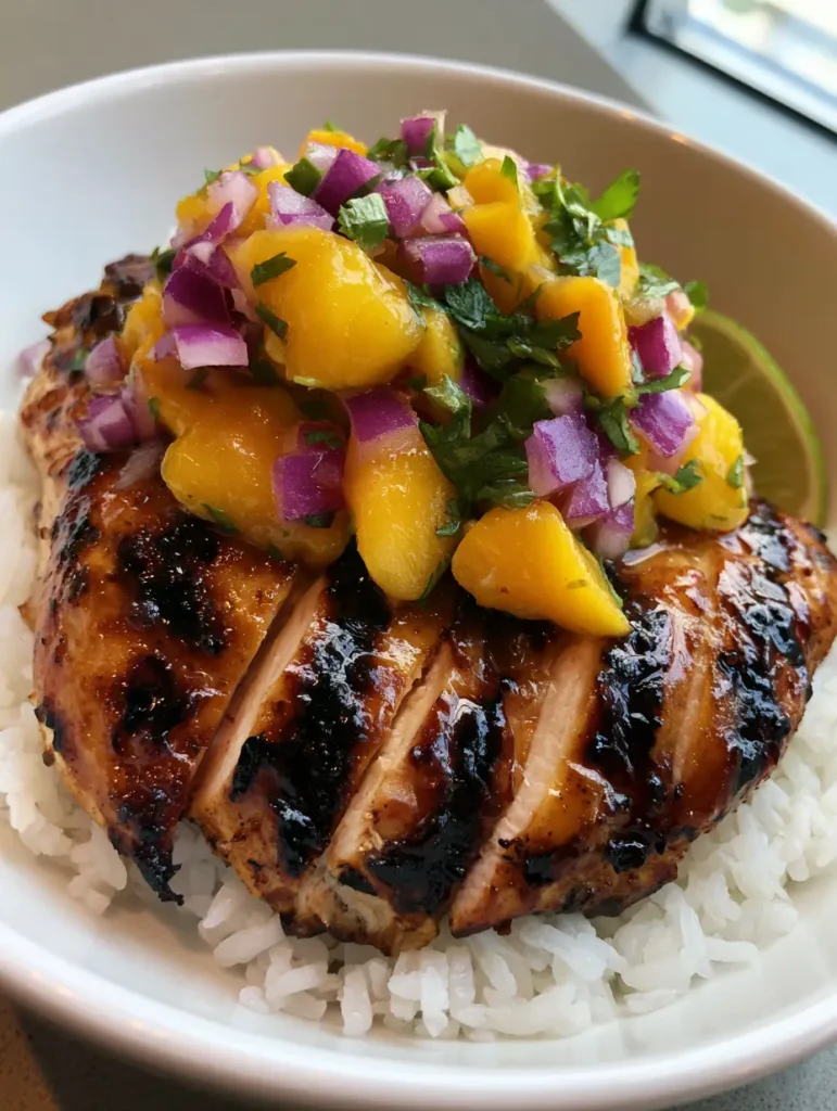Honey Lime Chicken with Mango Salsa: The Ultimate 20-Minute Healthy Dinner 1 A smartphone photo of the completed Honey Lime Chicken with Mango Salsa, highlighting the purple red onion and orange mango chunks.