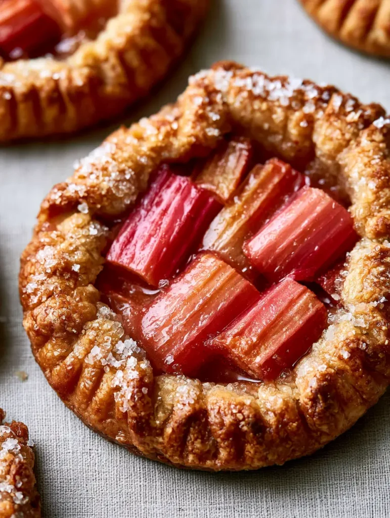 rhubarb galettes: The Ultimate Rustic Mini Fruit Tart Recipe 1 Close up of the crimped edges and coarse sparkling sugar on rhubarb galettes.