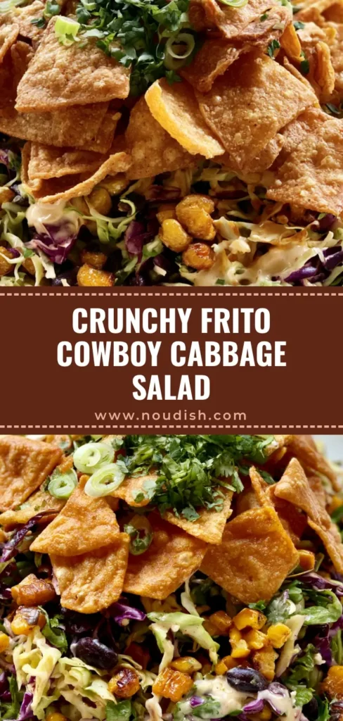 A high-angle shot of the Frito Cowboy Cabbage Recipe served in a white bowl, featuring whole corn chips and fresh cilantro garnish.