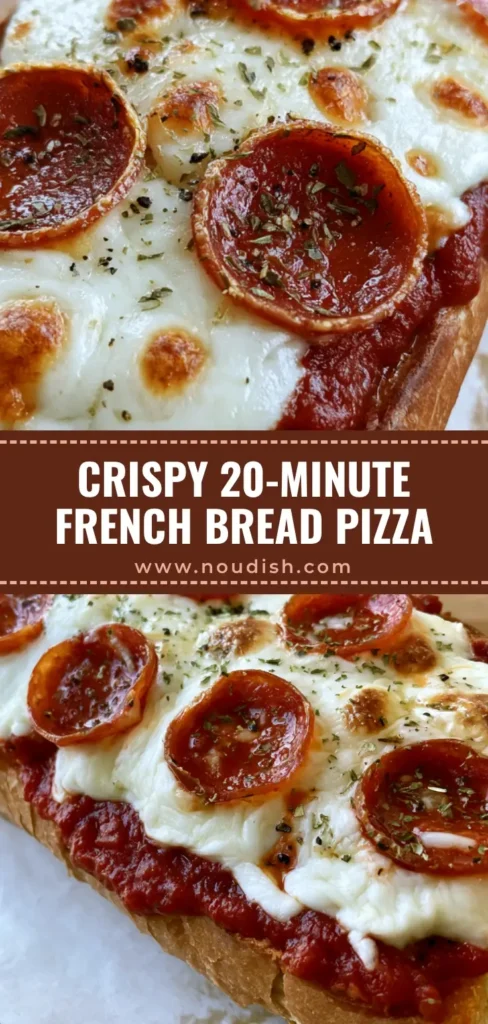 French Bread Pizza Recipe: The Ultimate Crispy, Cheesy Guide 3 A top-down view of a French Bread Pizza Recipe featuring melted mozzarella with golden spots and crispy curled pepperoni on a wooden surface.