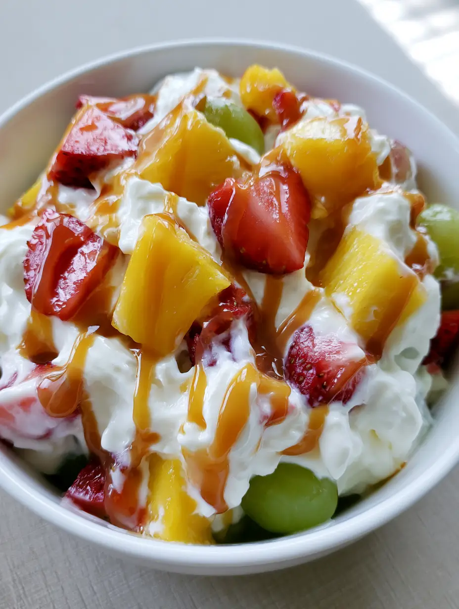Cheesecake Fruit Salad with Glossy Caramel Drizzle 3 A handheld smartphone photo of a white ceramic bowl filled with creamy cheesecake fruit salad and caramel ribbons on a wooden table. (Cheesecake Fruit Salad)