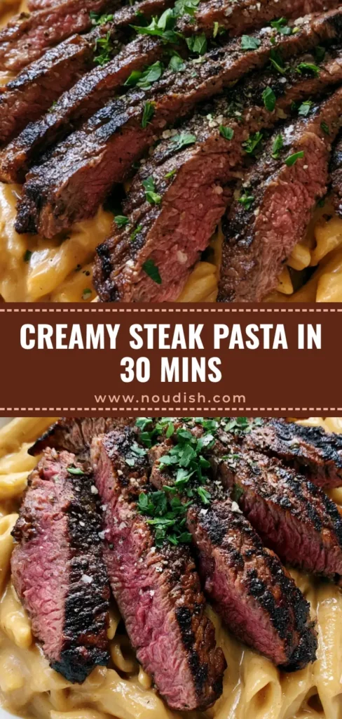 Creamy Steak Pasta with Garlic Butter Seared Steak 3 A handheld smartphone photo of a shallow white bowl featuring Creamy Steak Pasta with charred medium-rare steak slices and fresh parsley.