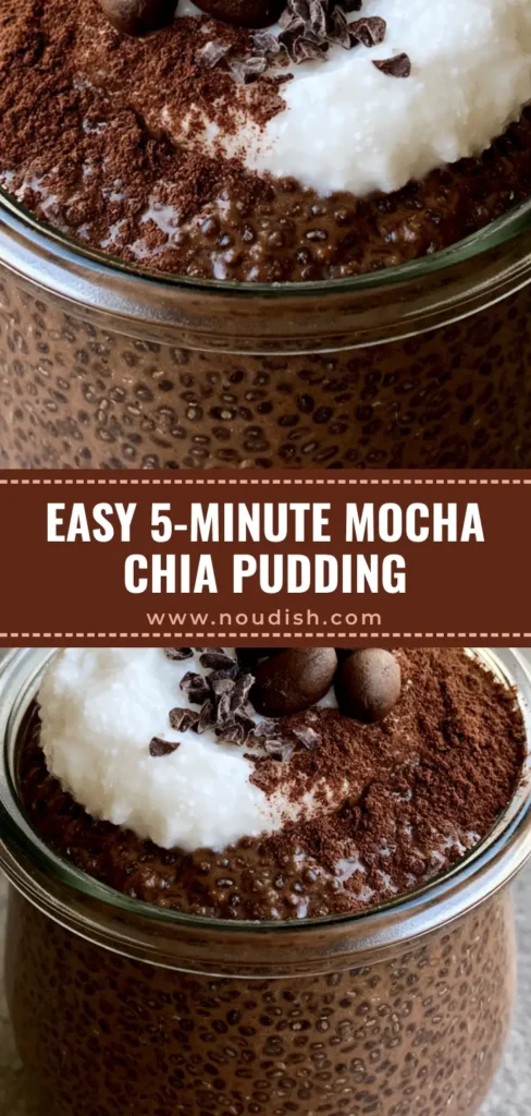 Mocha Chia Pudding: The Ultimate Energizing Overnight Breakfast 3 A vertical shot of a Mocha Chia Pudding jar topped with thick white whipped cream, cocoa powder dusting, and whole coffee beans.
