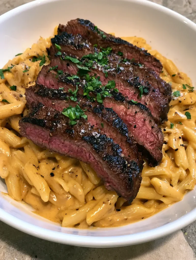 Close up of Creamy Steak Pasta in a white ceramic bowl showing the pink center of the seared steak strips.