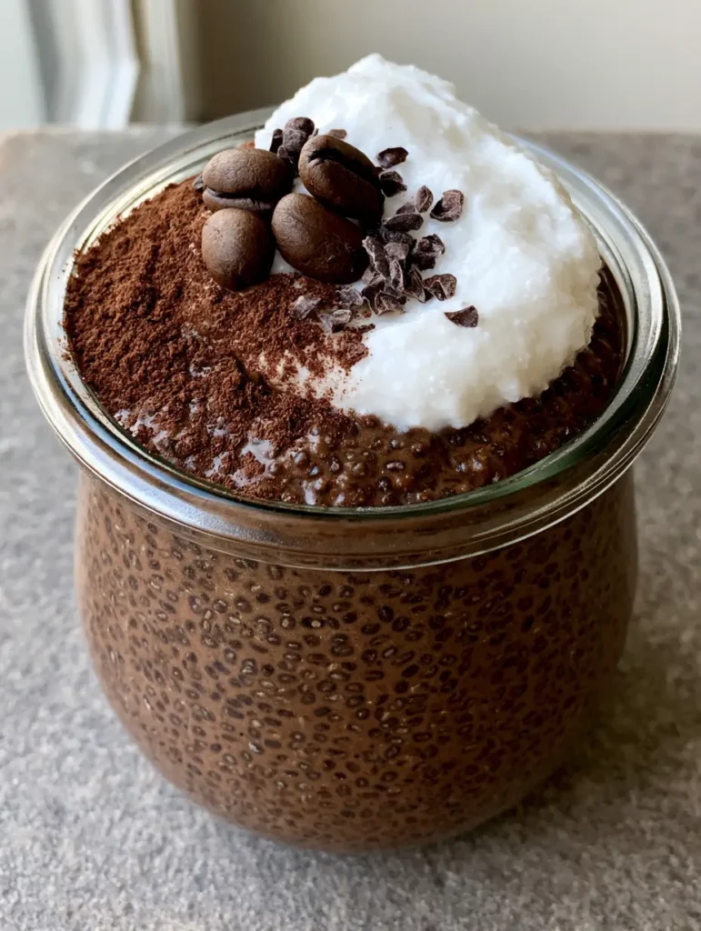 Close up of a glass jar filled with dark brown mocha chia pudding base and gelled black chia seeds.