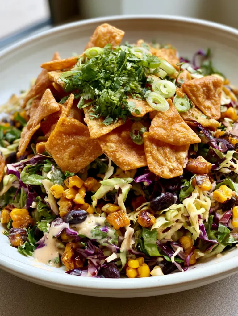Close-up handheld photo of shredded red and green cabbage with roasted corn and creamy dressing. (Frito Cowboy Cabbage Recipe)