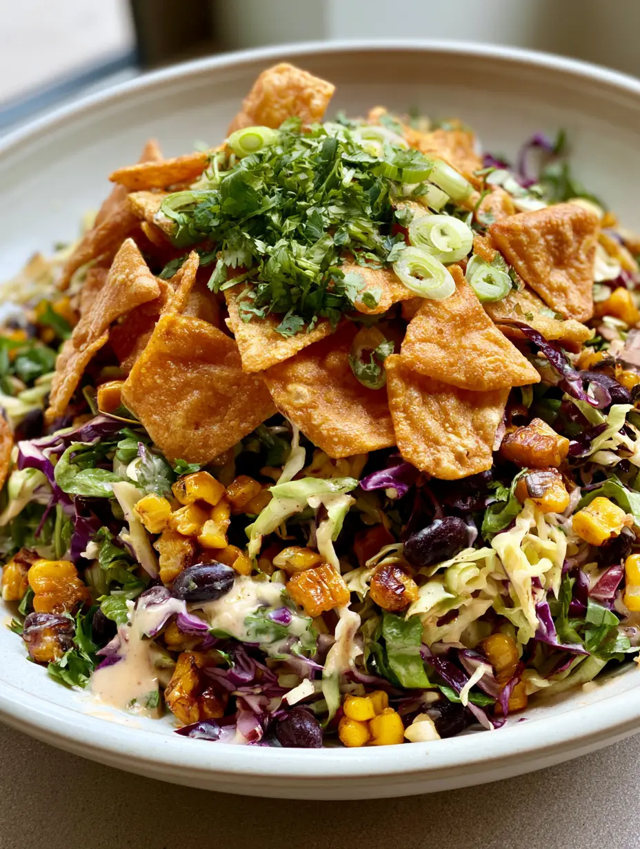 Close-up handheld photo of shredded red and green cabbage with roasted corn and creamy dressing. (Frito Cowboy Cabbage Recipe)
