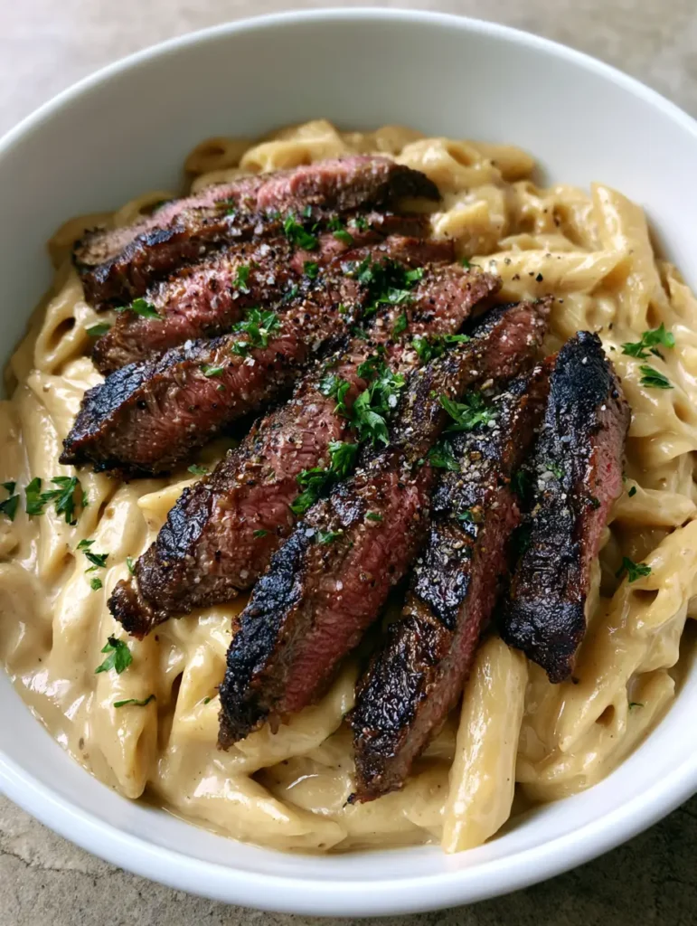 Creamy Steak Pasta with Garlic Butter Seared Steak 1 A shallow bowl of Creamy Steak Pasta with thick savory sauce and cracked black pepper garnish.