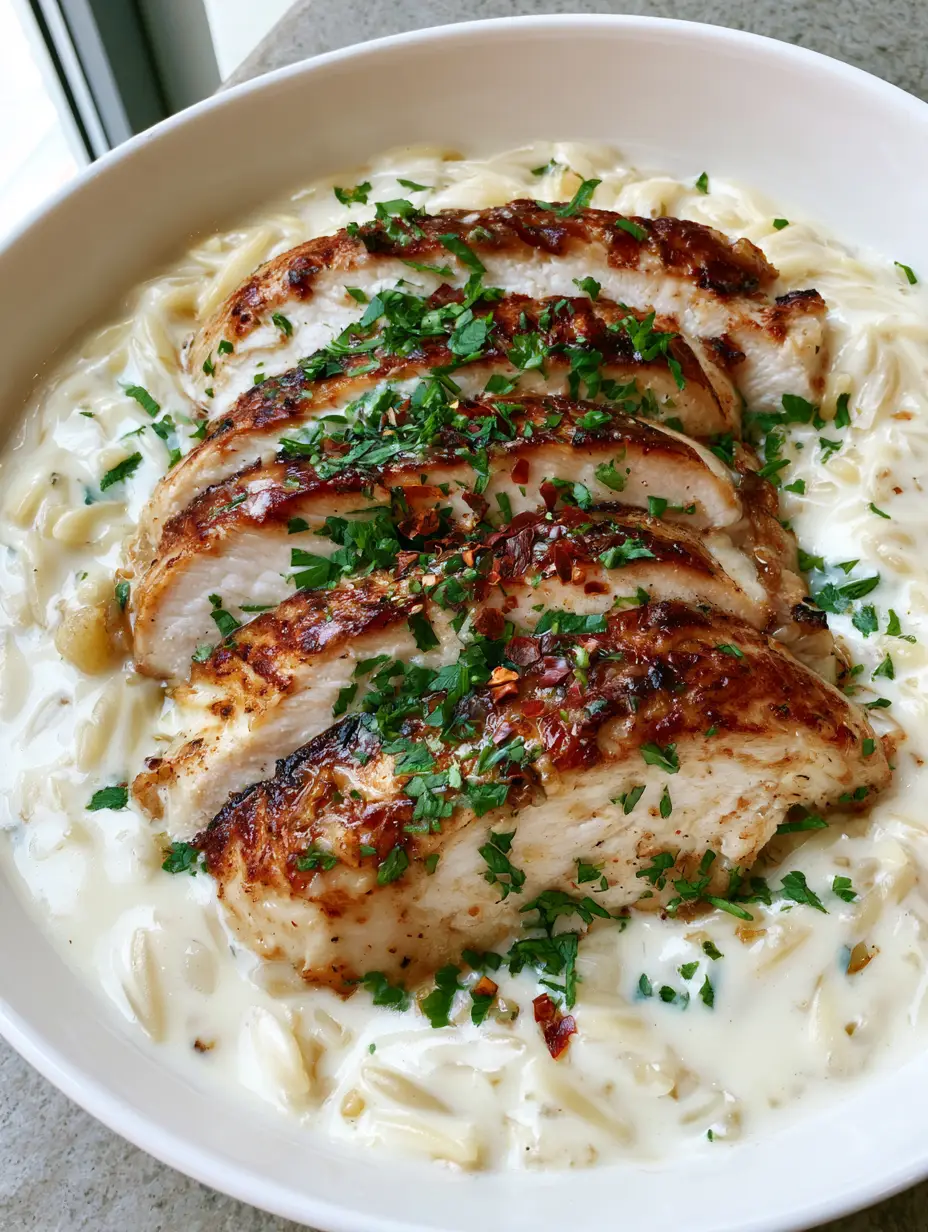 Creamy Chicken Orzo with Garlic Cream Sauce and Seared Chicken 3 Close up of pan-seared chicken breast slices showing deep golden-brown caramelization over Creamy Chicken Orzo.