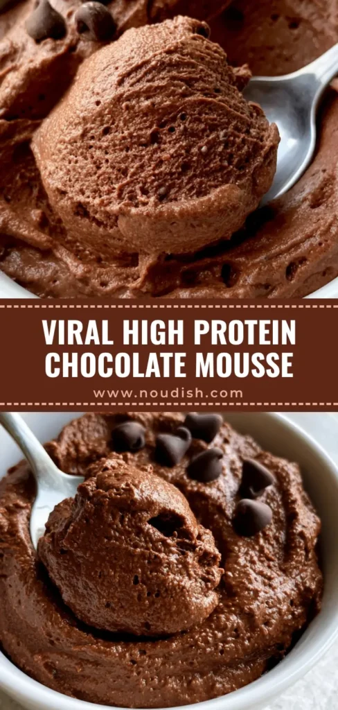 High Protein Chocolate Mousse: The Ultimate Whipped Cottage Cheese Dessert 4 A silver spoon scooping thick High Protein Chocolate Mousse from a white bowl topped with dark chocolate chips.