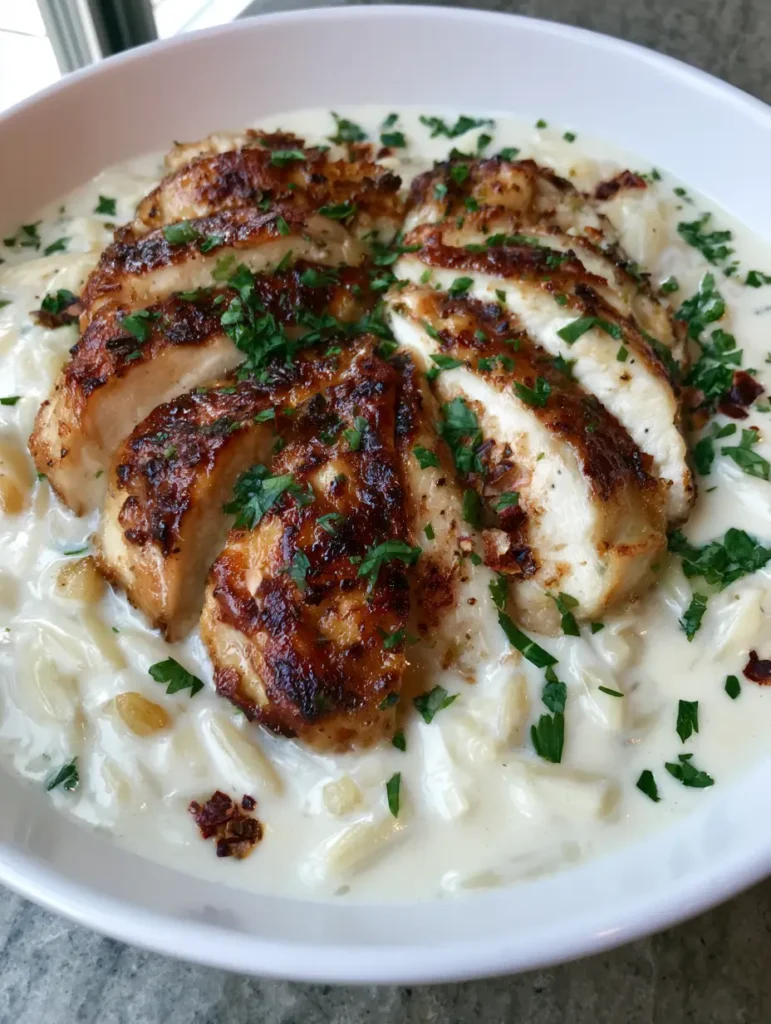 Creamy Chicken Orzo with Garlic Cream Sauce and Seared Chicken 1 A rustic white bowl on a grey countertop filled with Creamy Chicken Orzo garnished with red pepper flakes and parsley.