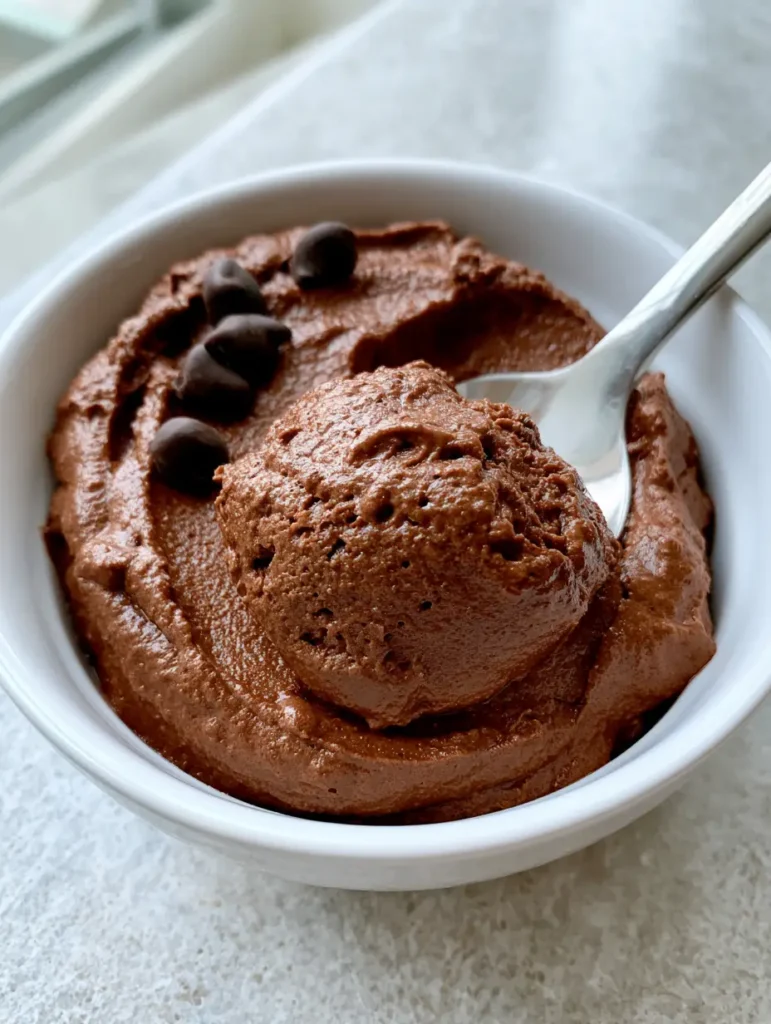 A white ceramic bowl filled with High Protein Chocolate Mousse on a grey stone countertop.