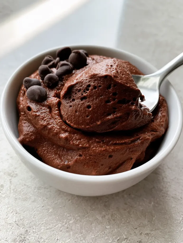 High Protein Chocolate Mousse: The Ultimate Whipped Cottage Cheese Dessert 1 Close up of whipped dark chocolate mousse with dark chocolate chips garnish (High Protein Chocolate Mousse).