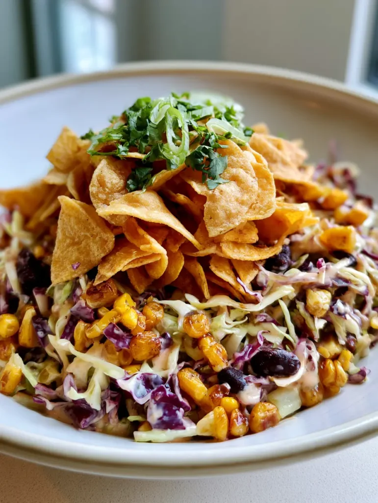 Wide shot of the Frito Cowboy Cabbage Recipe in a ceramic bowl sitting on a neutral tabletop in natural light.