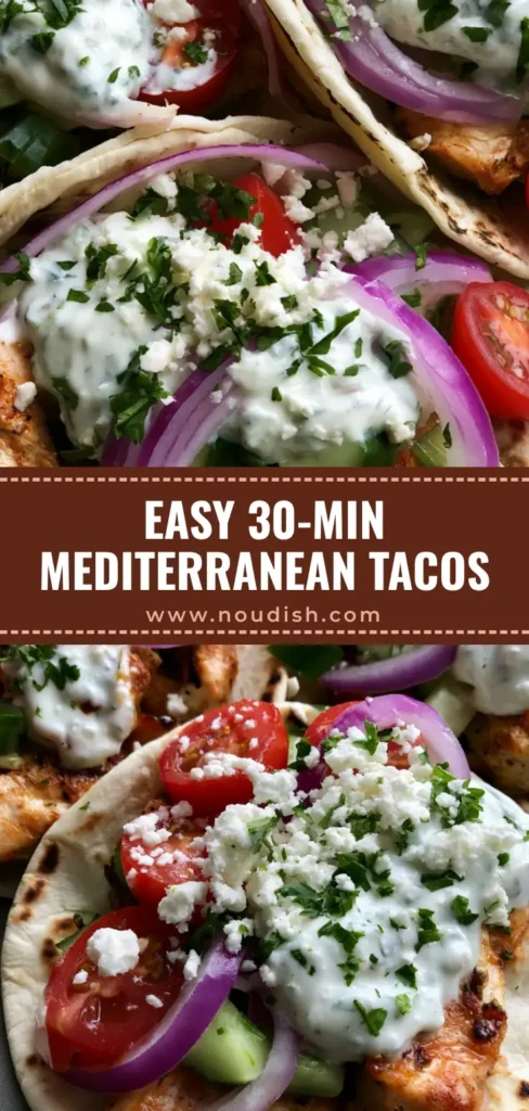 Mediterranean Chicken Tacos with Creamy Tzatziki and Feta 3 A close-up shot of three Mediterranean Chicken Tacos on charred flour tortillas with golden seared chicken, tzatziki, and feta.