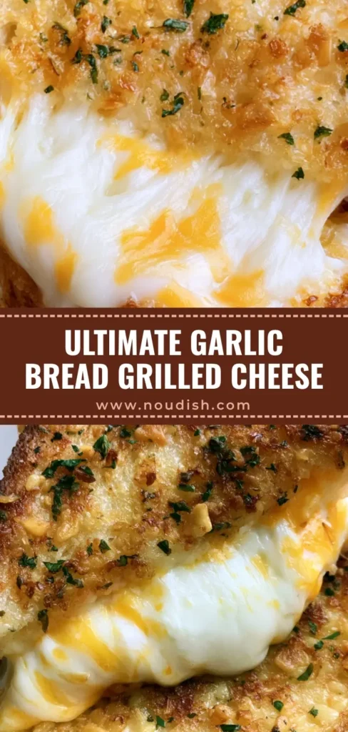 A handheld garlic bread grilled cheese being pulled apart with thick melted mozzarella and cheddar on artisan sourdough. (Garlic Bread Grilled Cheese)