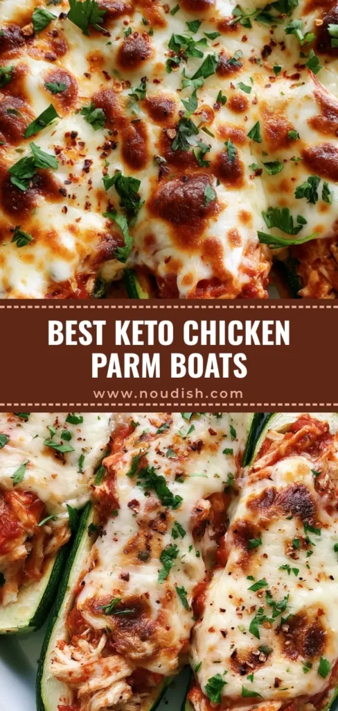 Keto Chicken Parmesan Zucchini Boats: A Low-Carb Comfort Classic 4 A top-down photo of three Keto Chicken Parmesan Zucchini Boats in a white ceramic dish with melted mozzarella and red pepper flakes.