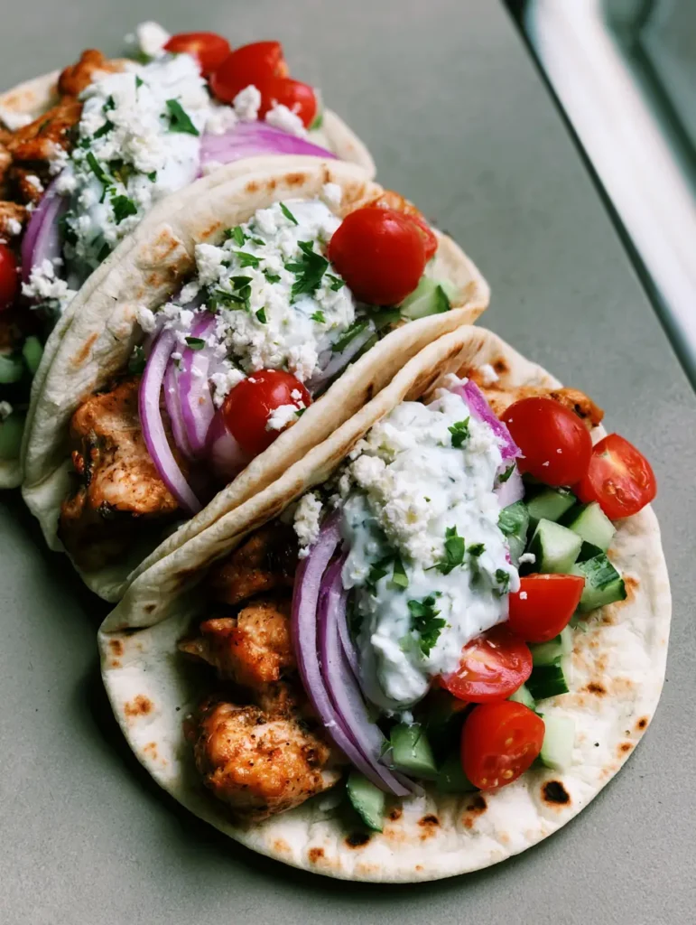 Overhead smartphone photo of Mediterranean Chicken Tacos featuring seared chicken breast and bright red cherry tomatoes.