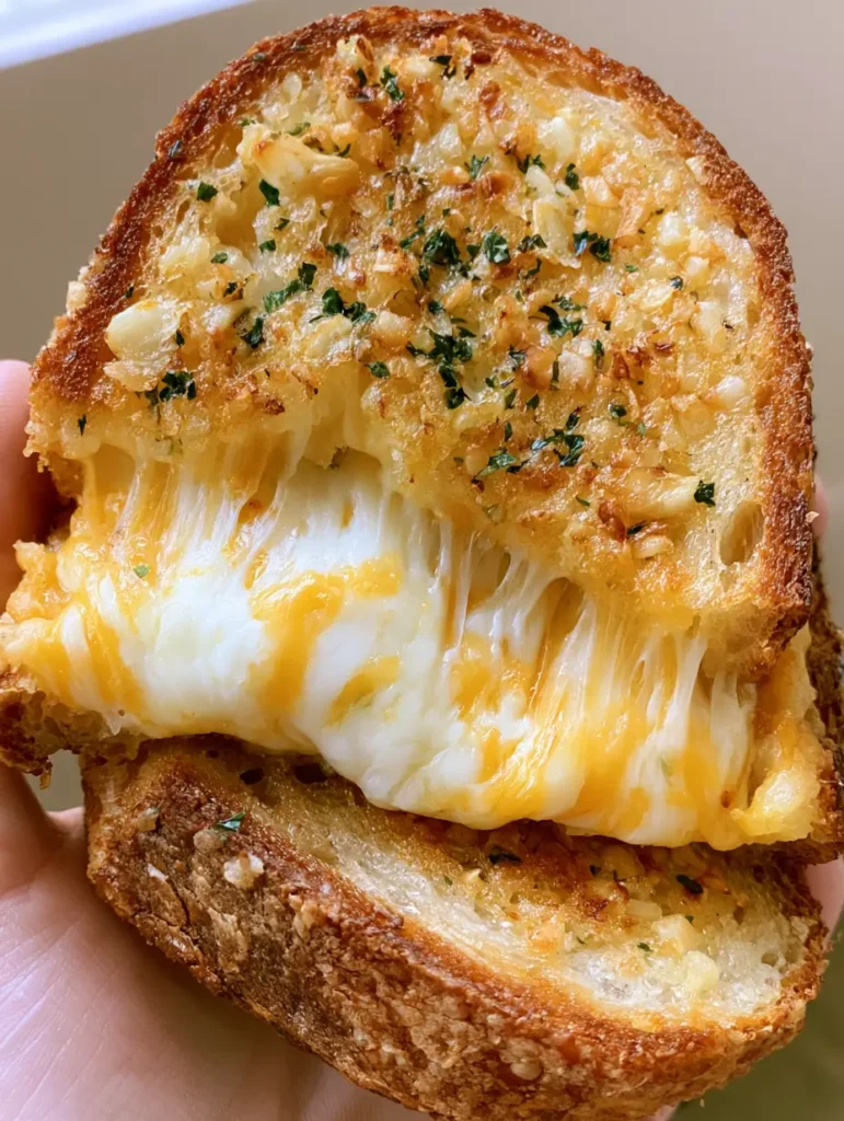 Close up of a Garlic Bread Grilled Cheese showing visible toasted minced garlic and dried parsley flakes on golden sourdough. (Garlic Bread Grilled Cheese)