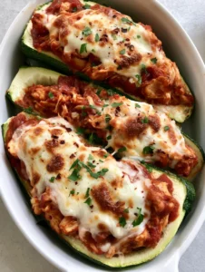 Close-up of golden-brown toasted mozzarella on Keto Chicken Parmesan Zucchini Boats.