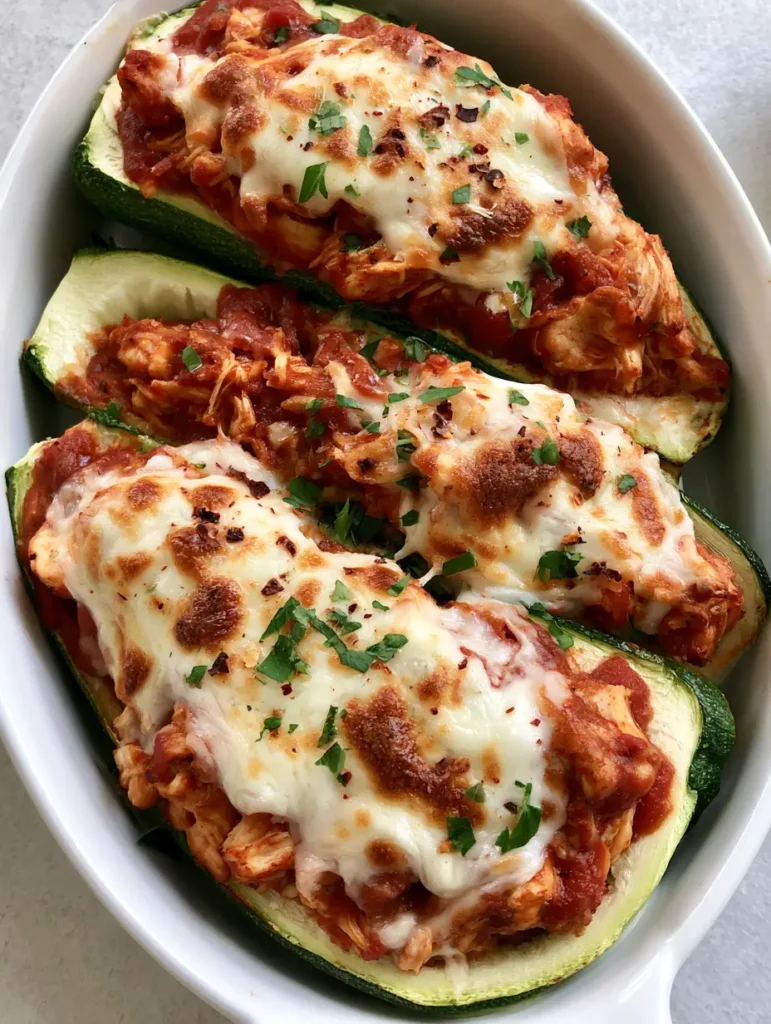 Keto Chicken Parmesan Zucchini Boats: A Low-Carb Comfort Classic 2 Close-up of golden-brown toasted mozzarella on Keto Chicken Parmesan Zucchini Boats.