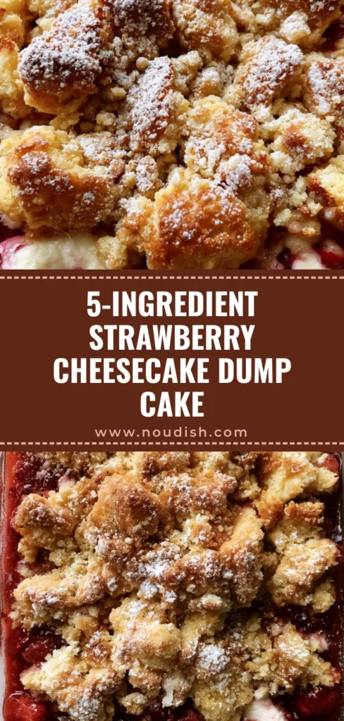Strawberry Cheesecake Dump Cake: The Ultimate 5-Ingredient Dessert 4 A top-down smartphone photo of a Strawberry Cheesecake Dump Cake in a glass dish featuring golden-brown cake crumbles and creamy white swirls over red strawberries.