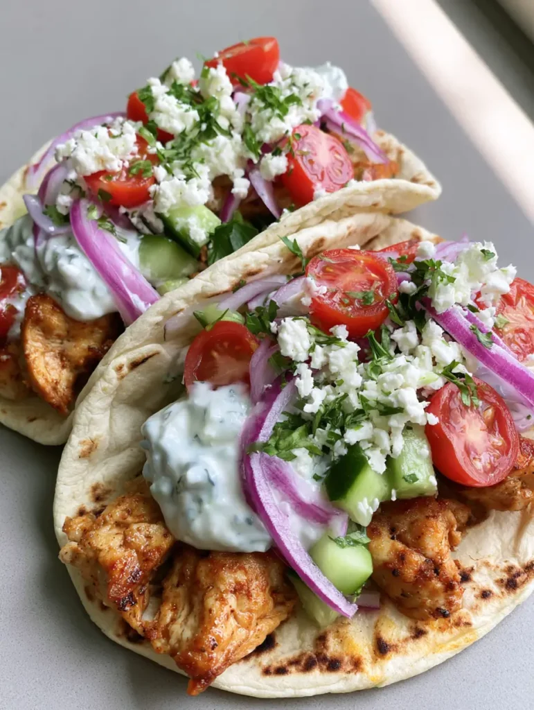 Mediterranean Chicken Tacos with Creamy Tzatziki and Feta 1 Handheld photo showing the creamy tzatziki sauce and crumbled feta on top of Mediterranean Chicken Tacos.