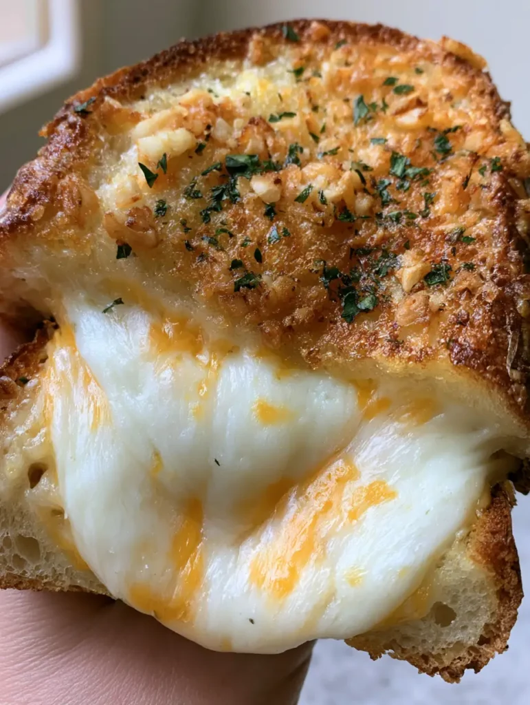 A handheld smartphone photo of a garlic bread grilled cheese with melted white and yellow cheese layers.
