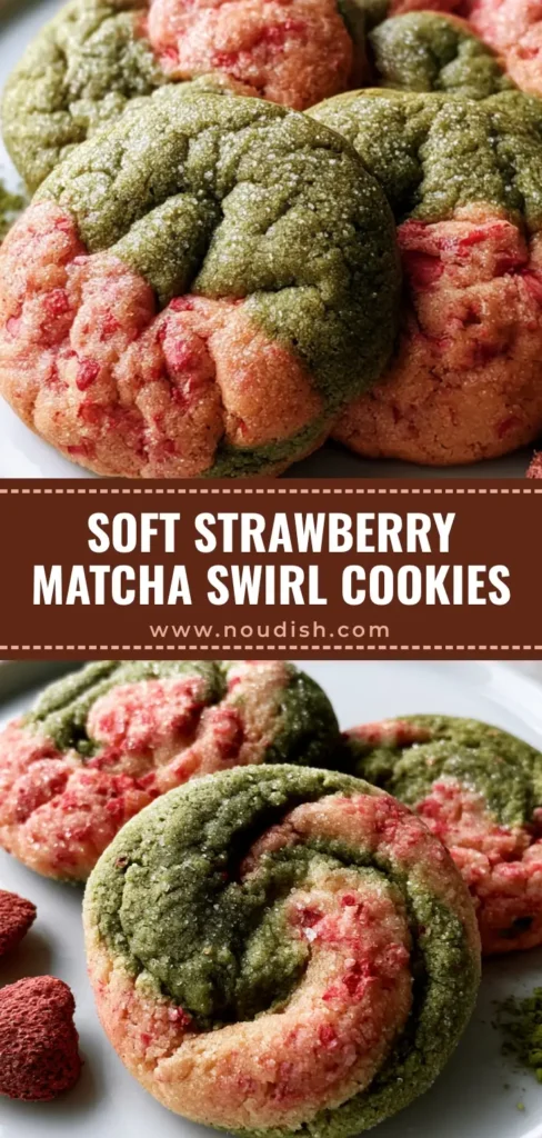 Strawberry Matcha Cookies: The Ultimate Soft-Baked Marbled Treat 3 A tall Pinterest pin showing soft-baked Strawberry Matcha Cookies with a forest green and pastel pink marble swirl pattern on a white ceramic plate.