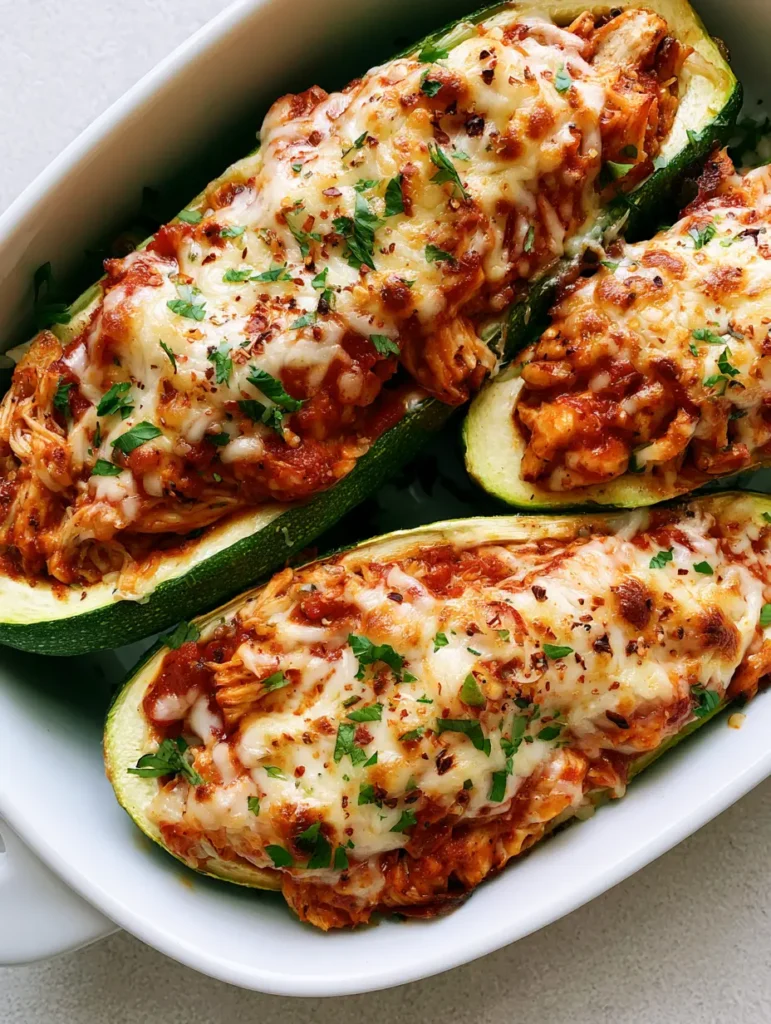 Keto Chicken Parmesan Zucchini Boats: A Low-Carb Comfort Classic 1 Three roasted zucchini boats filled with chicken and marinara in a white dish.