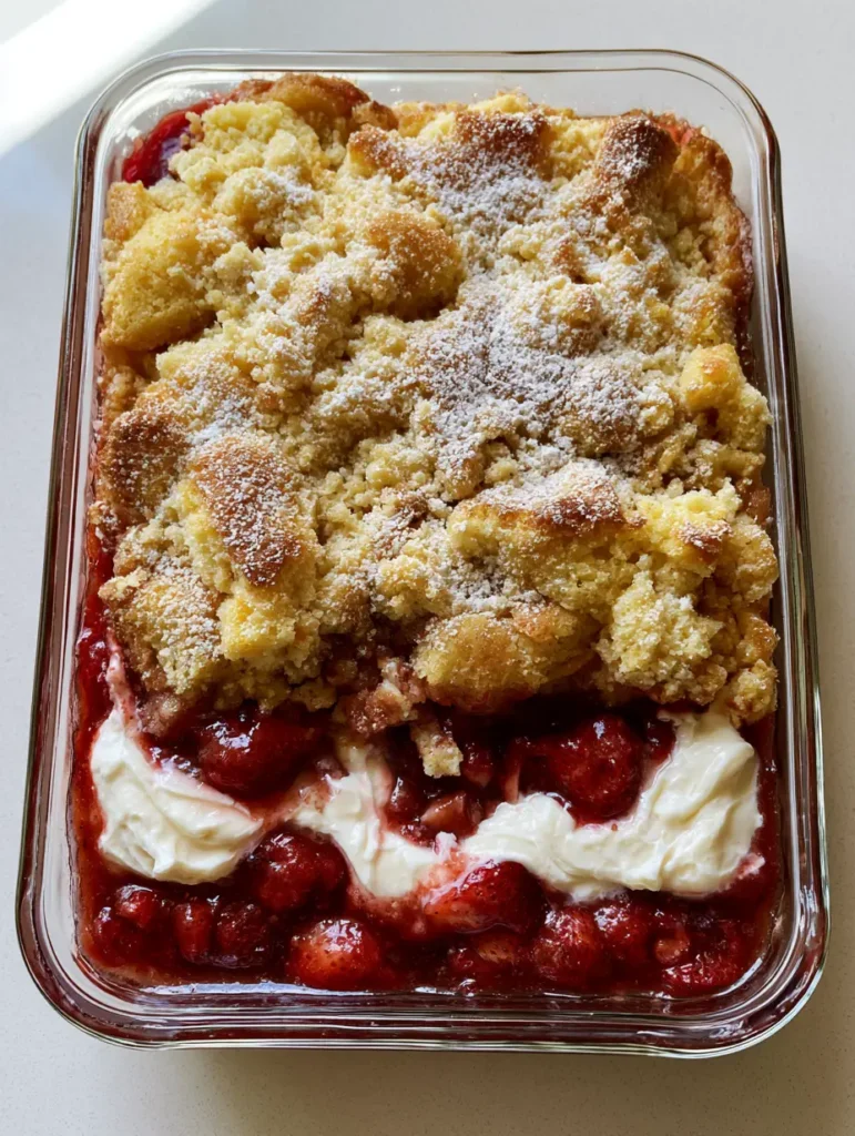 Close-up of Strawberry Cheesecake Dump Cake showing the contrast between the glossy red strawberry filling and toasted yellow cake crust.