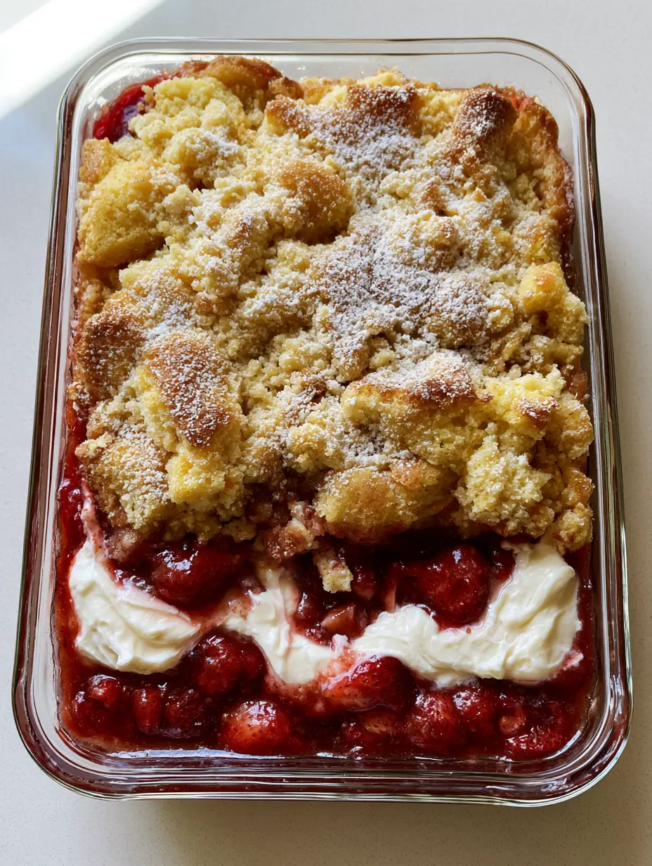 Strawberry Cheesecake Dump Cake: The Ultimate 5-Ingredient Dessert 3 Close-up of Strawberry Cheesecake Dump Cake showing the contrast between the glossy red strawberry filling and toasted yellow cake crust.
