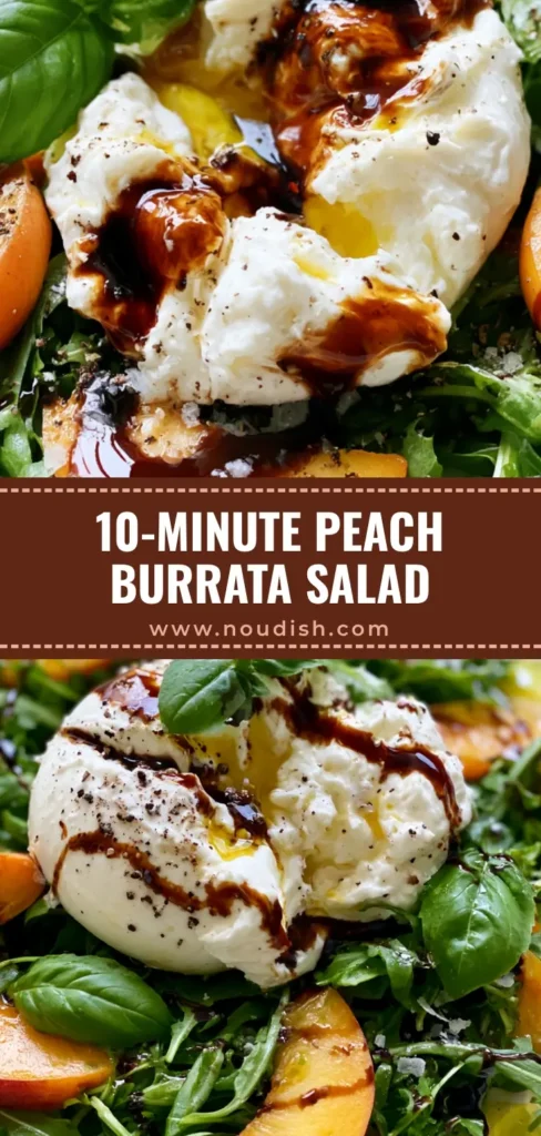 Peach Burrata Salad with Balsamic Glaze and Fresh Basil 3 A handheld smartphone photo of a Peach Burrata Salad on a white plate featuring sliced peaches, torn burrata with stracciatella, and balsamic glaze.