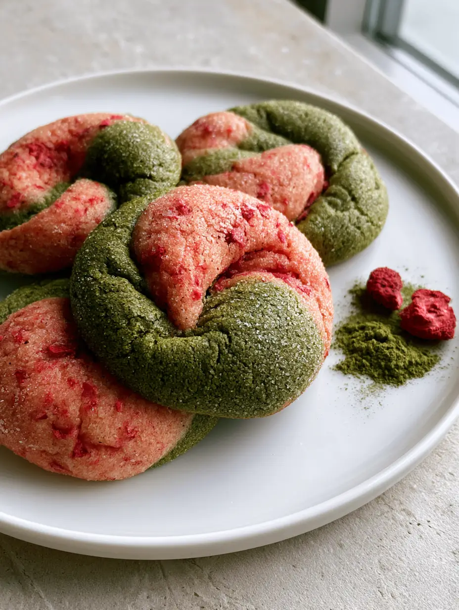 Strawberry Matcha Cookies: The Ultimate Soft-Baked Marbled Treat 4 Close-up of Strawberry Matcha Cookies showing the matte forest green matcha dough and vibrant pink strawberry dough with red flecks.