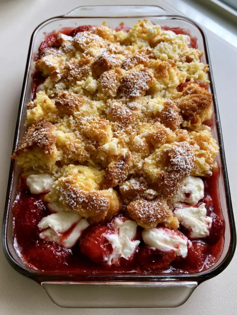 Strawberry Cheesecake Dump Cake: The Ultimate 5-Ingredient Dessert 1 Handheld photo of a freshly baked Strawberry Cheesecake Dump Cake with a light dusting of powdered sugar on a light kitchen counter.