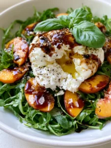Close up of a Peach Burrata Salad showing the creamy interior of the cheese and the glossy balsamic drizzle.