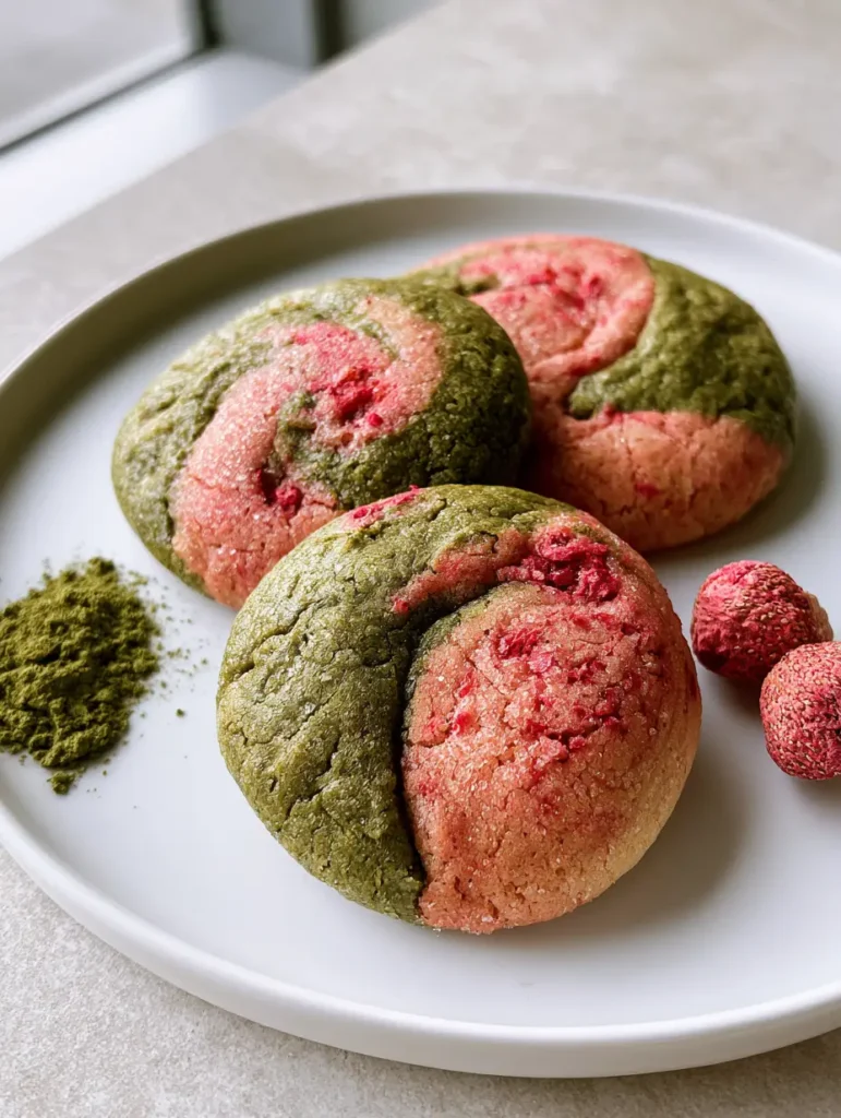 Strawberry Matcha Cookies: The Ultimate Soft-Baked Marbled Treat 1 Three Strawberry Matcha Cookies arranged on a white ceramic plate with a dusting of granulated sugar and subtle surface crinkles.