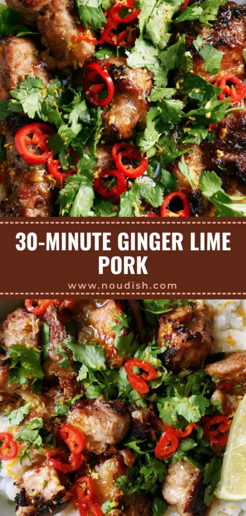 Ginger Lime Pork with Fluffy Coconut Rice and Glossy Zesty Glaze 4 A top-down shot of a white bowl filled with Ginger Lime Pork, glossy amber sauce, fluffy coconut rice, red chilies, and fresh cilantro.